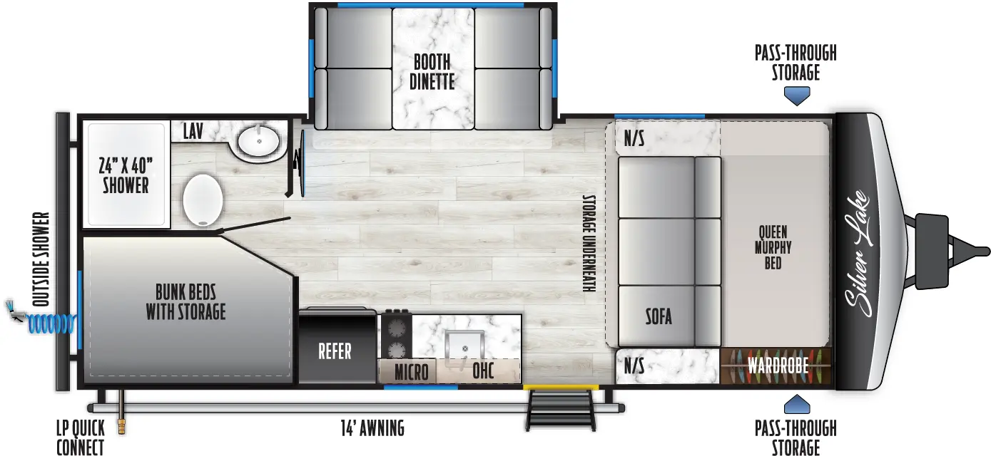 The 1700BHLE has one slideout and one entry door. Exterior features include a rear outside shower, LP quick connect, 14 foot awning, and front pass-through storage. Interior layout from front to back includes: front queen murphy bed/sofa with nightstands on each side, storage underneath, and door side wardrobe; door side entry, refrigerator, overhead microwave and cabinet, cooktop and sink; off-door side slide out with dinette, and rear facing TV hookup along inner wall; door side rear bunk beds with storage; off-door side rear full bathroom.